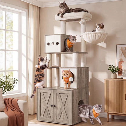 Cat Tree with Litter Box Enclosure, 70.1-Inch Tall Cat Tower