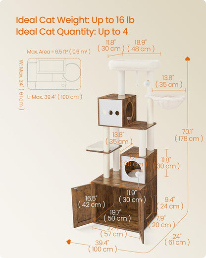 Cat Tree with Litter Box Enclosure, 70.1-Inch Tall Cat Tower