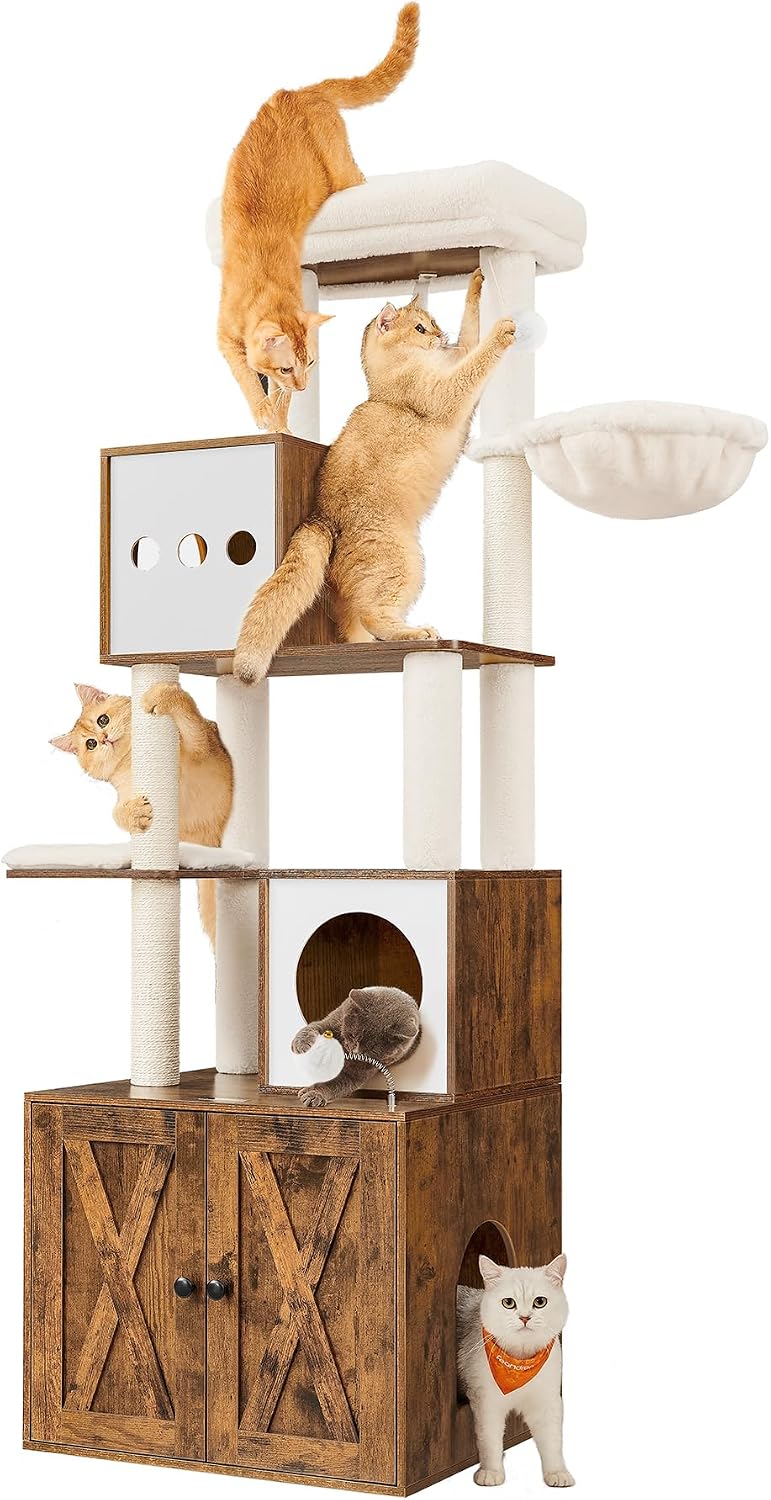 Cat Tree with Litter Box Enclosure, 70.1-Inch Tall Cat Tower