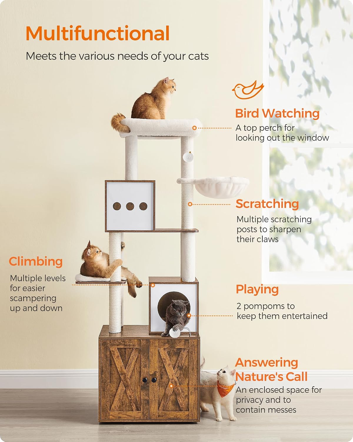 Cat Tree with Litter Box Enclosure, 70.1-Inch Tall Cat Tower