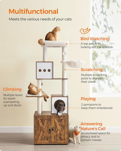 Cat Tree with Litter Box Enclosure, 70.1-Inch Tall Cat Tower
