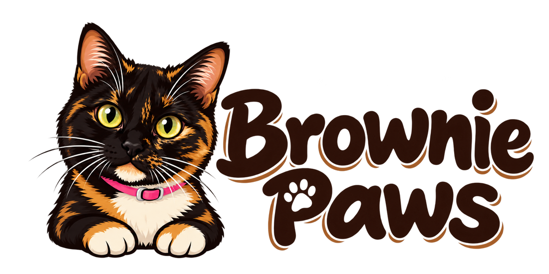 Brownie Paws logo with Brownie the tortoiseshell cat
