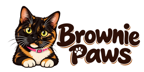Brownie Paws logo with Brownie the tortoiseshell cat